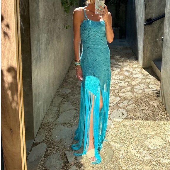Crochet Teal Blue Fringe Maxi Dress Beach Cover Up Turquoise Summer Sundress - Picture 6 of 6